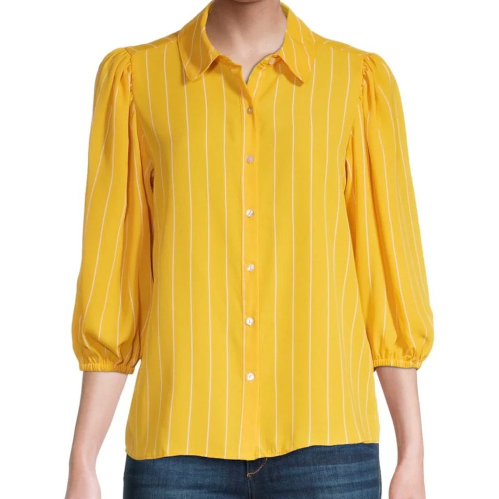 NANETTE LEPORE Print Puff Sleeve Shirt Mango yellow color small great condition - Picture 1 of 9